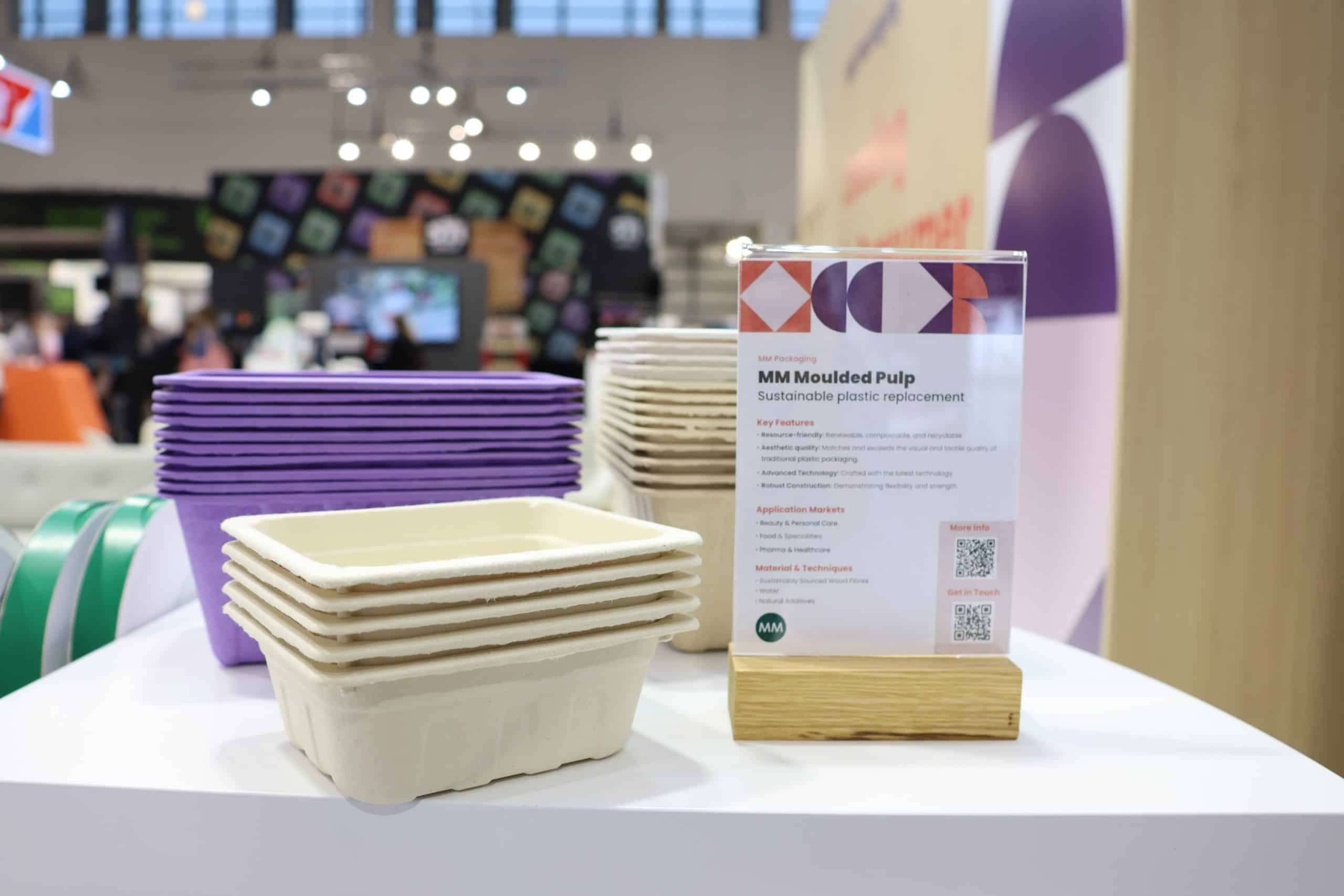 MM’s stand showcasing a moulded pulp solution to replace plastic packaging content at FACHPACK 2025, a key packaging industry innovation. 