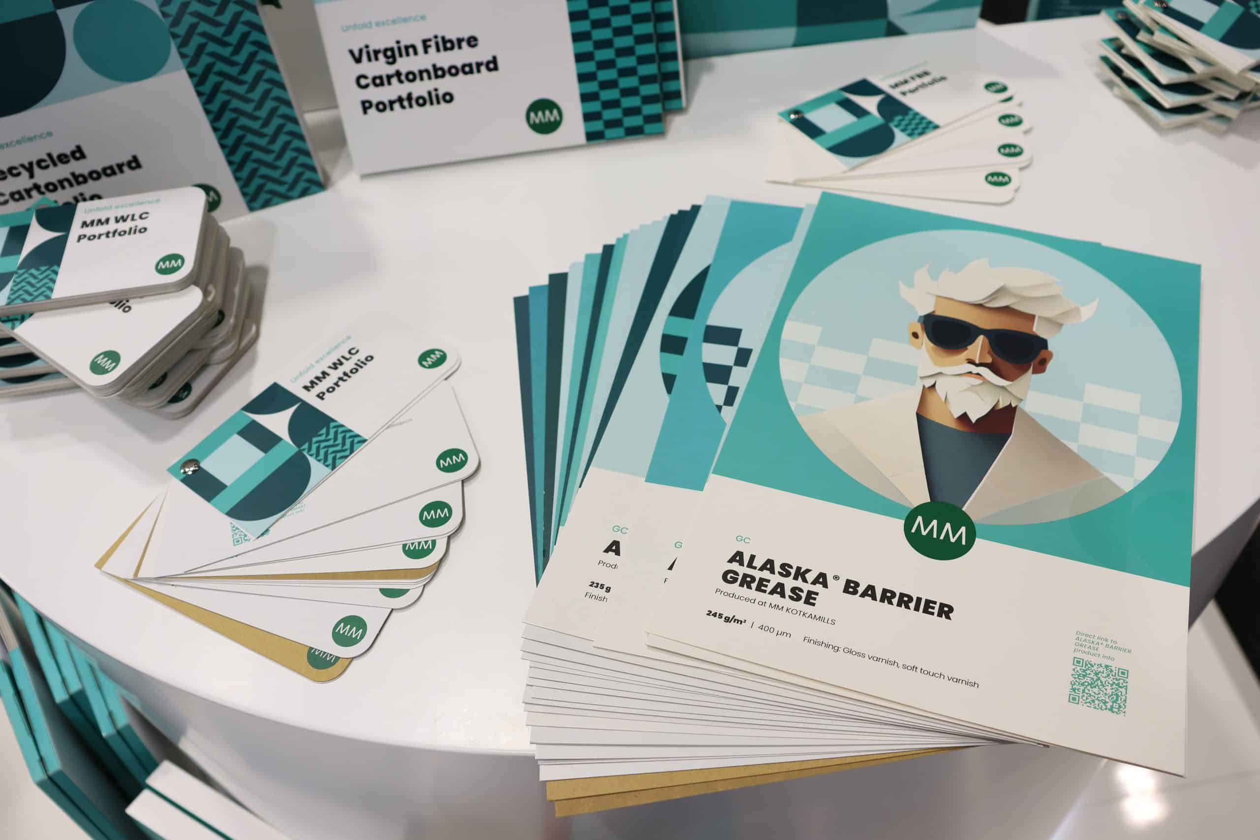 A display of recycled- and virgin-fibre options by packaging industry cartonboard leader MM Board & Paper at FACHPACK 2025. 