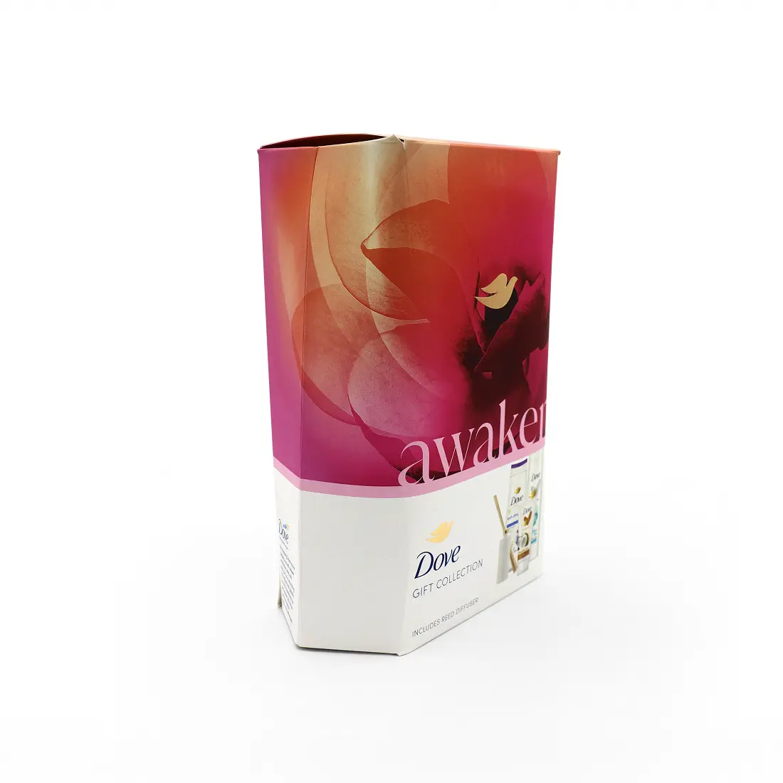 Hexagonal Dove Awaken Gift Collection carton with soft-touch lacquer, golden hot stamping and embossing. A premium gifting experience.