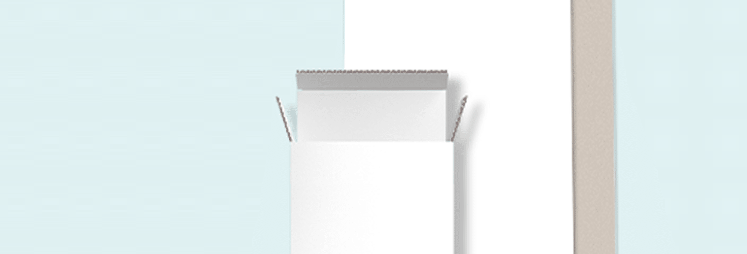 3D render of white cardboard box opening upwards with side flaps extended, on light teal background with beige vertical panel.