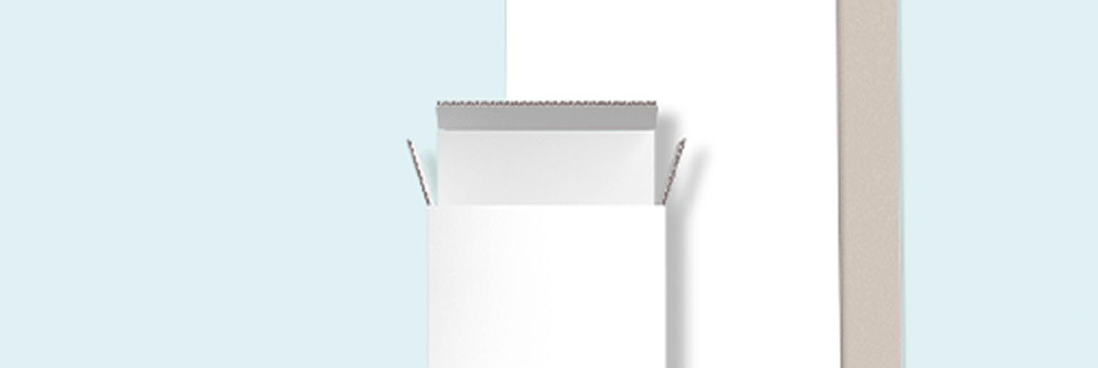 3D render of white cardboard box opening upwards with side flaps extended, on light teal background with beige vertical panel.